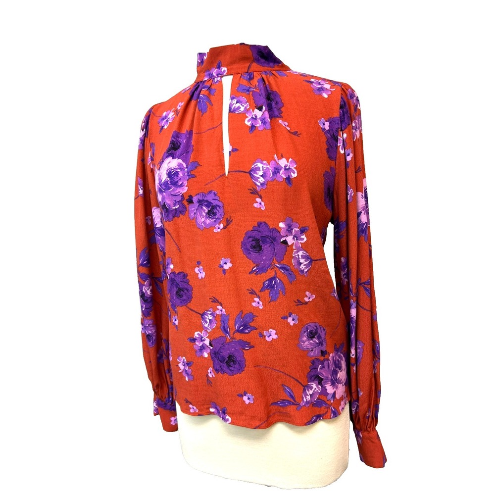 Karen Millen High Neck Blouse Red Purple Roses Bubble Cuffed Sleeves Keyhole, 4